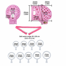 Lade das Bild in den Galerie-Viewer, ABS Birdcage Chastity Cage dimensions, nine internal rings from 19 to 27 mm and optional belt waist range 85 to 130 cm