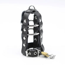 Afbeelding in Gallery-weergave laden, Black leather chastity cage with metal rings, standard front view