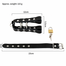 Afbeelding in Gallery-weergave laden, Standard black leather chastity cage size chart with 12 cm body and 23 cm strap