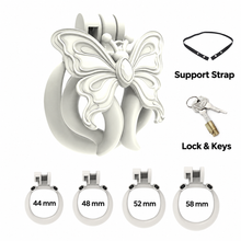 Afbeelding in Gallery-weergave laden, White Butterfly Wing set illustration with four base rings labeled 44, 48, 52 and 58 mm, support strap, and lock with keys
