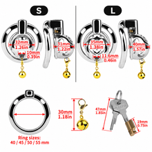 Lade das Bild in den Galerie-Viewer, Cloud Bell Metal Chastity Cage S and L cage length width opening and accessory measurement diagram