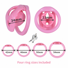 Lade das Bild in den Galerie-Viewer, Pink cage measurement chart with 34 mm and 23 mm dimensions and 42–54 mm rings