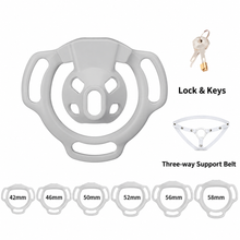 Lade das Bild in den Galerie-Viewer, White Firefly set illustration with six base rings labeled 42, 46, 50, 52, 56 and 58 mm, lock with keys and three-way support belt