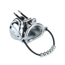 Lade das Bild in den Galerie-Viewer, Flame Cutout Stainless Steel Chastity Cage with Restraint - Beaded cord version, white background, angled view