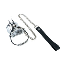 Lade das Bild in den Galerie-Viewer, Flame Cutout Stainless Steel Chastity Cage with Restraint - Beaded cord version with chain and hand strap