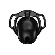 Load image into Gallery viewer, Black Galaxy Shell chastity cage front view showing the smooth cover and lower openings