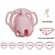 Load image into Gallery viewer, Pink Galaxy Shell set illustration with 42, 46, 50, 52, 56 and 58 mm base rings, lock with keys and three-way support belt
