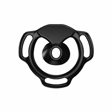 Load image into Gallery viewer, Black Halo Ring flat chastity cage front view with a circular center opening and three strap slots