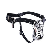 Load image into Gallery viewer, Horror Skull Metal Chastity Cage with Lockable Belt angled view