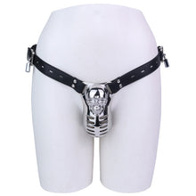 Load image into Gallery viewer, Horror Skull Metal Chastity Cage with Lockable Belt front view on mannequin