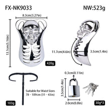 Load image into Gallery viewer, Horror Skull Metal Chastity Cage with Lockable Belt size chart and measurements