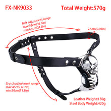 Load image into Gallery viewer, Horror Skull Metal Chastity Cage with Standard Belt size chart and measurements