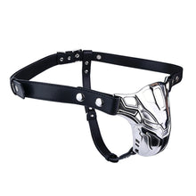 Load image into Gallery viewer, Mech Armor Metal Chastity Cage with Standard Belt angled view