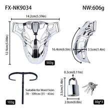 Load image into Gallery viewer, Mech Armor Metal Chastity Cage Lockable Belt size chart and cover measurements