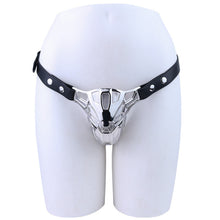 Load image into Gallery viewer, Mech Armor Metal Chastity Cage with Standard Belt front view on mannequin