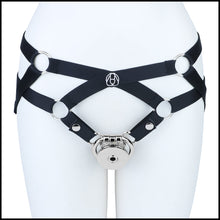 Load image into Gallery viewer, Mirror Polish Flat and Inverted Chastity Cage – inverted cage with black support belt