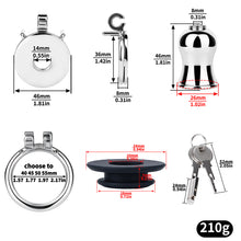 Load image into Gallery viewer, Mirror Polish Flat and Inverted Chastity Cage – medium 46 mm inverted insert and ring size chart