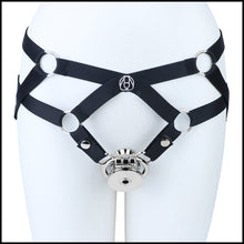 Load image into Gallery viewer, Mirror Polish Flat and Inverted Chastity Cage – Inverted Medium (46 mm) with black support belt