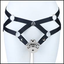 Load image into Gallery viewer, Mirror Polish Flat and Inverted Chastity Cage – Inverted Long (60 mm) with black support belt