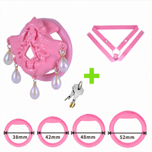 Lade das Bild in den Galerie-Viewer, Pink Ocean Tears Flat Chastity Cage – pink cage with three-way pink belt and four ring measurements