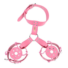 Load image into Gallery viewer, Pink harness collar with two circular riveted covers attached
