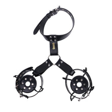 Load image into Gallery viewer, Black harness collar with two circular riveted covers attached