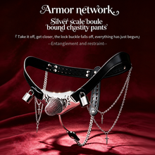 Load image into Gallery viewer, Silver Scale Armor Chain Chastity Pants armor-inspired design on a red background