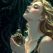 Load image into Gallery viewer, Illustrated model holding the Abyssal Eye Alloy Chastity Cage in a dark deep-sea scene