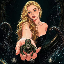 Load image into Gallery viewer, Illustrated model presenting the Abyssal Eye Alloy Chastity Cage against an abyss-inspired background