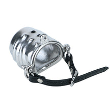 Load image into Gallery viewer, Ventilated Weighted Stainless Steel Chastity Cage with Chain – leather strap cage front angled view