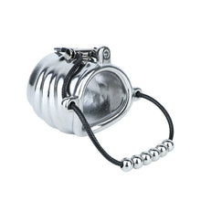 Load image into Gallery viewer, Ventilated Weighted Stainless Steel Chastity Cage with Chain – beaded rope cage front angled view
