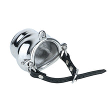 Load image into Gallery viewer, Weighted Stainless Steel Chastity Cage with Chain – leather strap cage front angled view