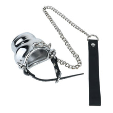 Load image into Gallery viewer, Weighted Stainless Steel Chastity Cage with Chain – leather strap cage with chain