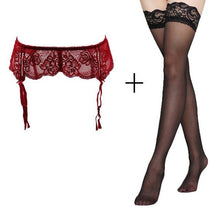 Load image into Gallery viewer, Red Lace Floral Garter Belt w/ Black Stockings Set