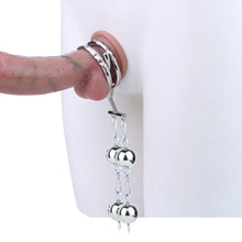 Load image into Gallery viewer, Adjustable Dual Ring Metal Cock Ring with Weighted Chains – worn on display dildo with weighted chains; dildo not included
