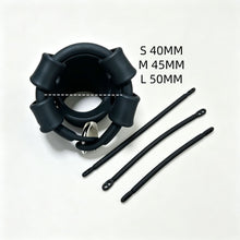 Afbeelding in Gallery-weergave laden, Black cage ring-size reference showing 40, 45 and 50 mm
