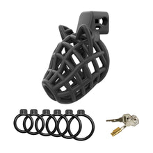 Afbeelding in Gallery-weergave laden, Black dog head cage with six base rings, brass lock and two keys
