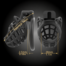 Afbeelding in Gallery-weergave laden, Black dog head chastity cage measurement chart: 70 mm length, 28 mm width and 2.5 mm spacing
