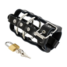 Afbeelding in Gallery-weergave laden, Standard black leather chastity cage, angled view with lock and keys
