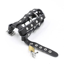 Afbeelding in Gallery-weergave laden, Black leather chastity cage standard style side angle
