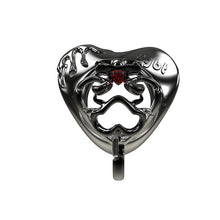 Load image into Gallery viewer, Front illustration of Black Spade ball support resin chastity cage with red gem accent

