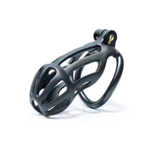 Load image into Gallery viewer, Black Stripe Mamba Chastity Cage Kit 1.77 To 4.13 Inches Long 2026 Edition lock and ring details
