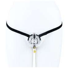 Lade das Bild in den Galerie-Viewer, Cloud Bell Metal Chastity Cage S cage with black support belt on mannequin
