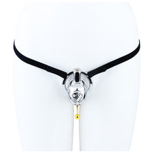Lade das Bild in den Galerie-Viewer, Cloud Bell Metal Chastity Cage L cage with black support belt on mannequin
