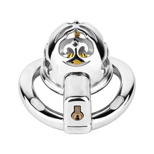 Lade das Bild in den Galerie-Viewer, Cloud Bell Metal Chastity Cage S cage underside and keyed lock detail
