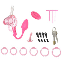 Load image into Gallery viewer, Extensible Silicone Chastity Cage With Vibration Plug feature details graphic 2
