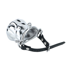 Lade das Bild in den Galerie-Viewer, Flame Cutout Stainless Steel Chastity Cage with Restraint - Leather strap version, white background, angled view
