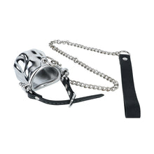 Lade das Bild in den Galerie-Viewer, Flame Cutout Stainless Steel Chastity Cage with Restraint - Leather strap version with chain and hand strap
