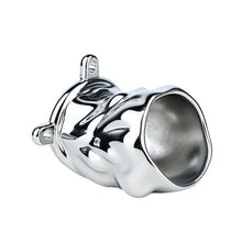 Lade das Bild in den Galerie-Viewer, Flame Cutout Stainless Steel Chastity Cage with Restraint - Flame cutout metal cage angled detail
