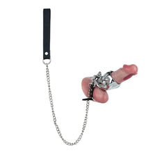 Lade das Bild in den Galerie-Viewer, Flame Cutout Stainless Steel Chastity Cage with Restraint - Leather strap version shown on display dildo; dildo not included
